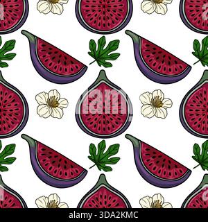 Seamless vector pattern of ripe figs, delicate white flowers, and green leaves on a white background, perfect for culinary or botanical themes. Stock Vector