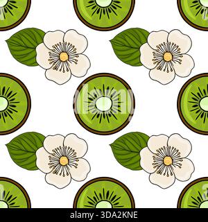 A seamless vector pattern featuring vibrant kiwi slices and delicate white kiwi blossoms with green leaves on a clean white background, evoking a fres Stock Vector