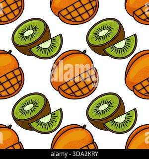 Seamless vector pattern featuring vibrant, stylized mango and kiwi fruit halves with a playful, textured appearance. Stock Vector