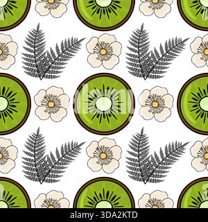 Seamless vector pattern featuring vibrant kiwi slices and delicate white flowers with fern fronds. Stock Vector