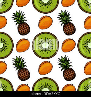 Seamless vector pattern featuring a vibrant arrangement of tropical fruits, including sliced kiwis, whole pineapples, and ripe mangoes, set against a Stock Vector