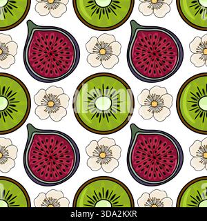 Seamless vector pattern featuring sliced figs and kiwi fruits interspersed with delicate white blossoms on a clean white background. Stock Vector
