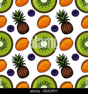 A vibrant, hand-drawn vector pattern featuring a delightful assortment of tropical and berry fruits, including pineapples, kiwis, apricots, and bluebe Stock Vector
