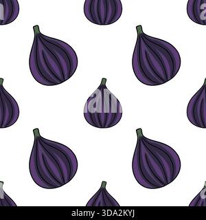 A delightful seamless vector pattern featuring ripe purple figs with green stems, set against a clean white background, ideal for food-themed designs. Stock Vector