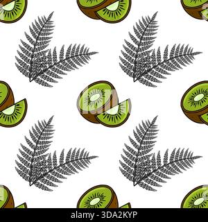 Seamless vector pattern featuring stylized kiwi fruit slices and fern fronds against a clean white background. Stock Vector