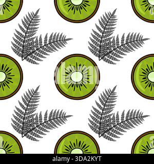 Seamless vector pattern featuring vibrant kiwi slices and delicate fern fronds on a clean white background. Stock Vector