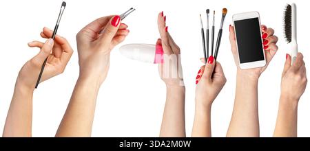 Creative makeup routine with brushes and tools in a stylish setting Stock Photo