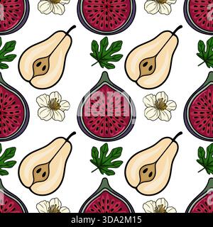 Seamless vector pattern featuring halved figs, sliced pears, green leaves, and delicate white flowers on a clean white background. Stock Vector