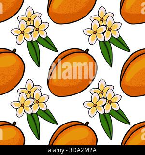 A vibrant, seamless vector pattern featuring ripe mangoes and delicate plumeria flowers with green leaves on a clean white background, evoking a tropi Stock Vector