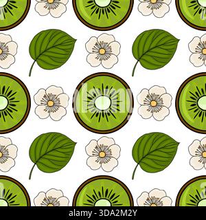 Seamless vector pattern featuring vibrant kiwi slices and delicate white kiwi blossoms with green leaves, set against a clean white background. Stock Vector