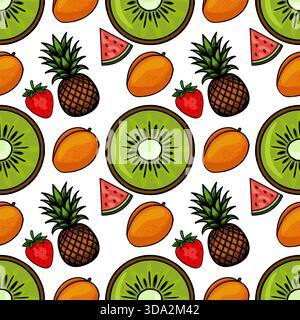 Vibrant seamless vector pattern featuring a cheerful arrangement of tropical fruits, including sliced kiwis, pineapples, strawberries, mangoes, and wa Stock Vector