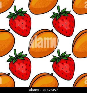 Seamless vector pattern featuring vibrant strawberries and ripe mangoes with a clean white background and bold outlines. Stock Vector