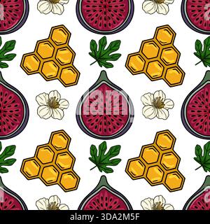Seamless repeating vector pattern featuring halved figs, honeycomb sections, white blossoms, and green fig leaves on a white background. Stock Vector