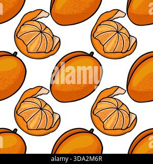 Seamless vector pattern featuring ripe mangoes and peeled kiwi fruits with vibrant orange and yellow hues. Stock Vector