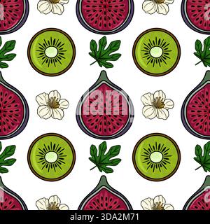 Seamless vector pattern featuring vibrant sliced figs, fresh kiwi rounds, delicate white blossoms, and green fig leaves on a clean white background. Stock Vector