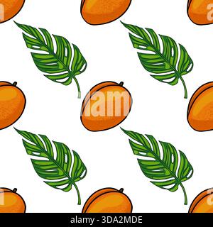 Seamless vector pattern of vibrant orange mangoes and lush green monstera leaves on a clean white background, evoking a tropical, fresh, and natural a Stock Vector