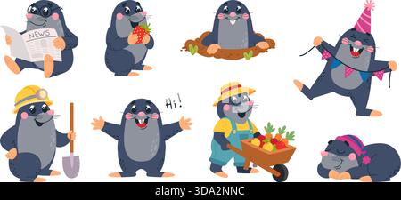 Funny cartoon moles. Adorable mole various activities. Growing plants, digging ground, looking from hole, sleeping, birthday celebration, classy Stock Vector