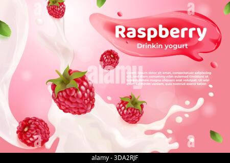 Raspberry drinking yogurt. Realistic yoghurt package, 3d raspberries falling in cream milk splash smoothie summer drink milkshake advertising pink banner design vector illustration original artwork Stock Vector