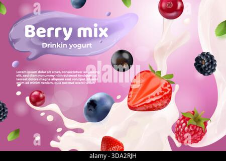 Realistic berry yogurt. Berries mix cream, smoothie 3d strawberries raspberries blueberries cranberries mulberries currants milk splash yoghurt package design vector illustration original artwork Stock Vector