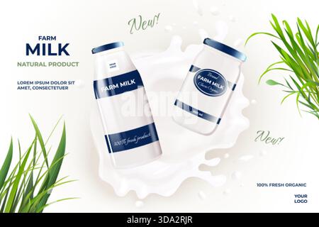 Realistic milk ad. Diary product glass bottle jar with milk splash advertising banner, yogurt farm organic fresh product brand promotion green grass poster 3d vector illustration original artwork Stock Vector