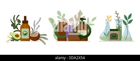 Eco and Ethical Cosmetics Illustrations Set. Containers with recycle arrows, Natural Eco Cosmetics Glass Dropper Bottle with Organic Ingredients Aroun Stock Vector
