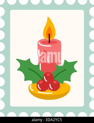 Rectangular postage stamp with lit pink Christmas candle, holly leaves and red berries, green perforated border. Flat style vector illustration. For holiday mail, Christmas winter design projects. Stock Vector
