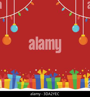 Red Christmas themed background with gift boxes element on snowy base and hanging decoration lamps. Christmas red background. Stock Vector