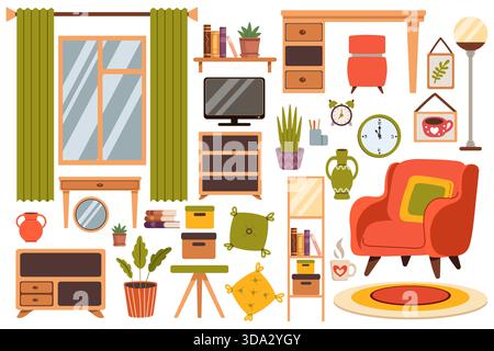 Set of living room furniture in a flat style, isolated on a background. Illustration includes an armchair, shelves, and decorative elements. Stock Vector