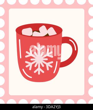 Christmas postage stamp with red mug of hot cocoa, marshmallows and snowflake, pink perforated border. Flat style vector illustration. Ideal for holiday mail, winter stationery, and warm drink design Stock Vector