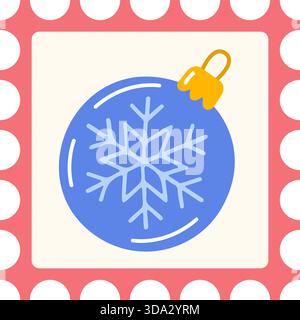 square postage stamp with blue Christmas bauble with snowflake design, pink perforated border. Flat style vector illustration. Ideal for holiday mail, Christmas stationery, and winter design projects. Stock Vector