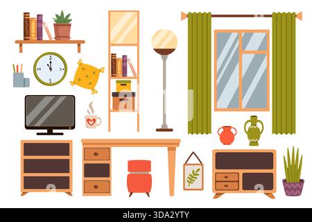 Set of living room furniture in a flat style, isolated on a background. Illustration includes a table, shelves, curtains, and decorative elements. Stock Vector
