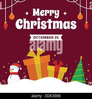 Merry Christmas greetings on dark red background with seasonal elements like gift boxes, snowman, and decorated pine tree on snowy base. Stock Vector