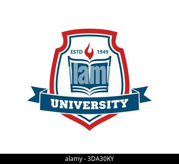 University heraldic icon with book and torch fire flame for education emblem, vector badge. University heraldry shield patch with ribbon and establish estd year for school, college or student academy Stock Vector