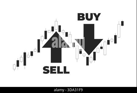 Financial candlestick chart with buy and sell arrows 2D line object Stock Vector