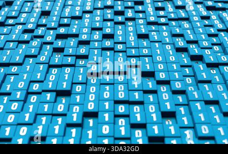 Abstract blue cubes with binary code, technology, big data. Abstract blue cubes with binary code, technology, big data. Machine learning, AI, artificial intelligence, science, code, encryption. 3D illustration img technology084s03 binary code symbol Stock Photo