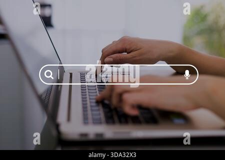 Internet network search box. Searching browsing Internet Data Information Networking Concept, woman using a search box for information on the Internet Stock Photo