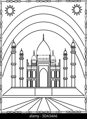 Beautiful Islamic Mosque Coloring Page. Elegant Masjid Line Art for Kids And Adults. Stock Vector