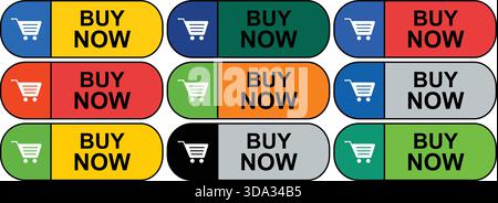 Set of Colorful “Buy Now” Buttons with Shopping Cart Icons Stock Vector