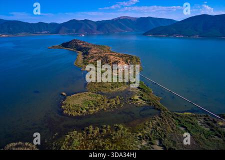 Greece, Macedonia, the island of Agios Achillios on the small lake of Prespa, aerial view Stock Photo