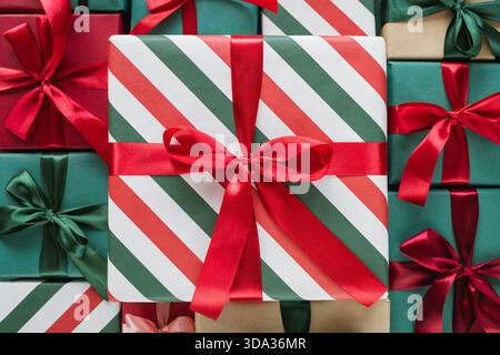 Full frame close-up of assorted wrapped Christmas gift boxes Stock Photo