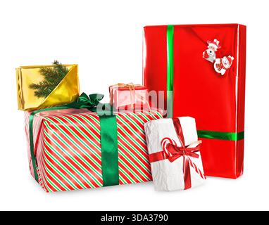 Beautifully wrapped Christmas gift boxes with colorful ribbons and bows isolated on a white background. High quality photo Stock Photo