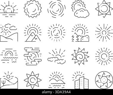 5 weather forecast icons. Sun setting down, rising and shining. Pixel ...