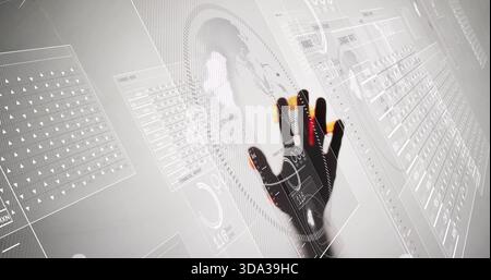 Pressing gloved right hand engaging pale HUD in lab, with colored fingertip sensors and UI panels Stock Photo