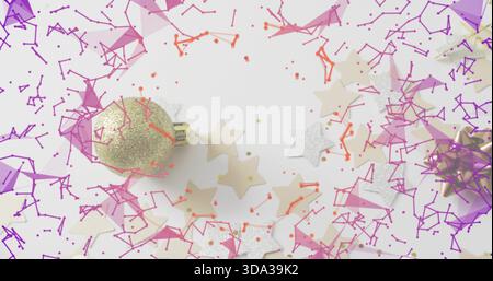 Displaying gold glitter bauble with metal cap resting left of center on white flat-lay, copy space Stock Photo