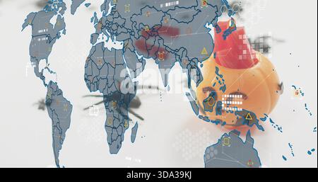 Displaying translucent map overlay showing red Central-Asia heatmap in studio, rubber duck, rotors Stock Photo