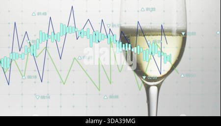 Displaying stemmed wine glass with white wine in studio, refracting blue green graphs, copy space Stock Photo