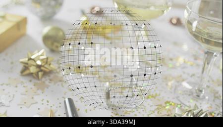 Displaying translucent wireframe globe hovering over party table, showing champagne glasses Stock Photo
