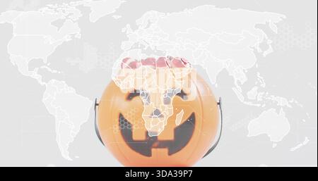 Displaying plastic orange jack-o'-lantern bucket center-front in studio, with world map overlay Stock Photo