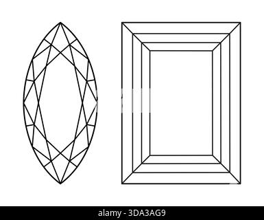 Marquise, Baguette diamond cut shape icons. Design diagram. Brilliant Marquis, Baguette cut. Diamond top view. Precious gemstone outline icon for Stock Vector