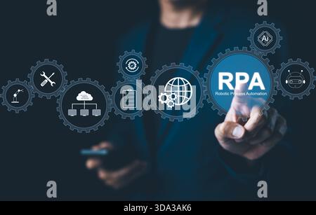 RPA, Robotic Process Automation System Concept. Businessman interacts with RPA icons, representing robotic process automation and modern technology in Stock Photo